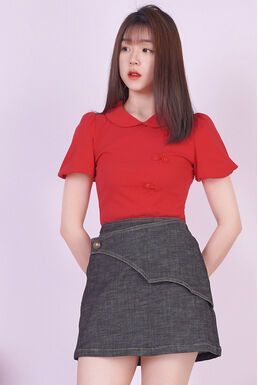 Back Keyhole Puff Sleeve Side Button Cheongsam Top (Red)